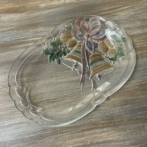 Festive Glass Platter with Bow and Pinecone Design